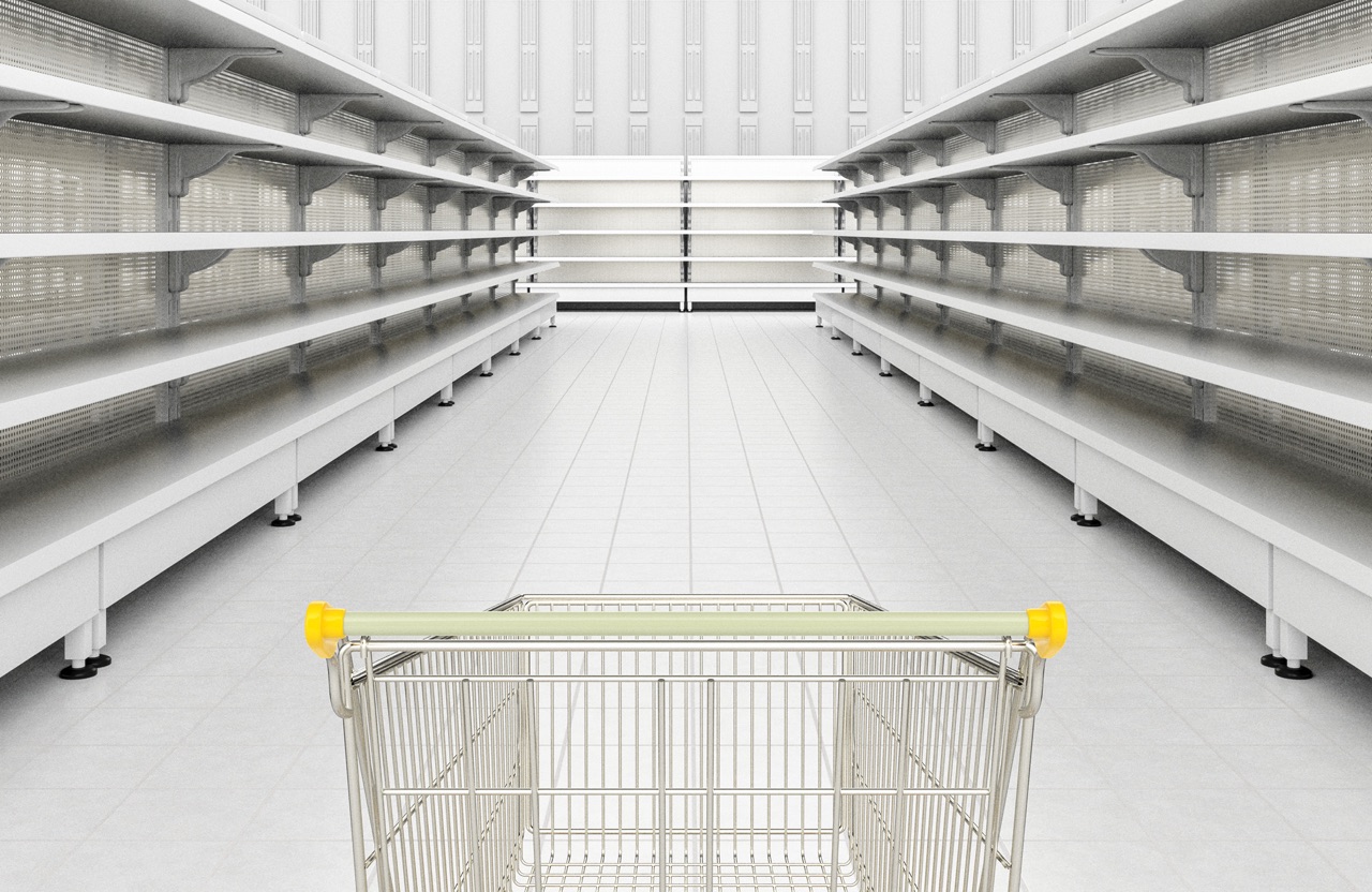 Empty shopping cart in an empty store