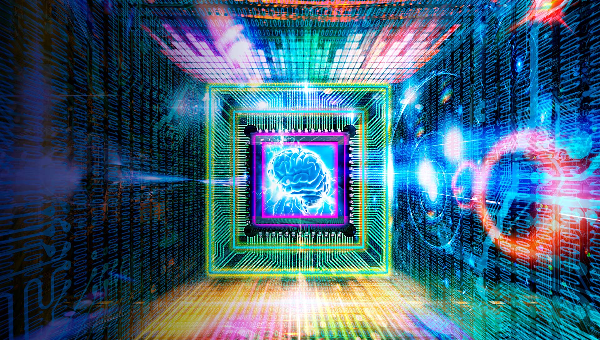 Illustrated computer chip with a brain