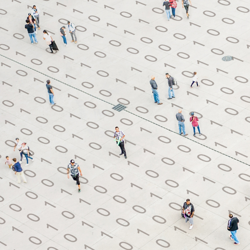 people walking on a field of data