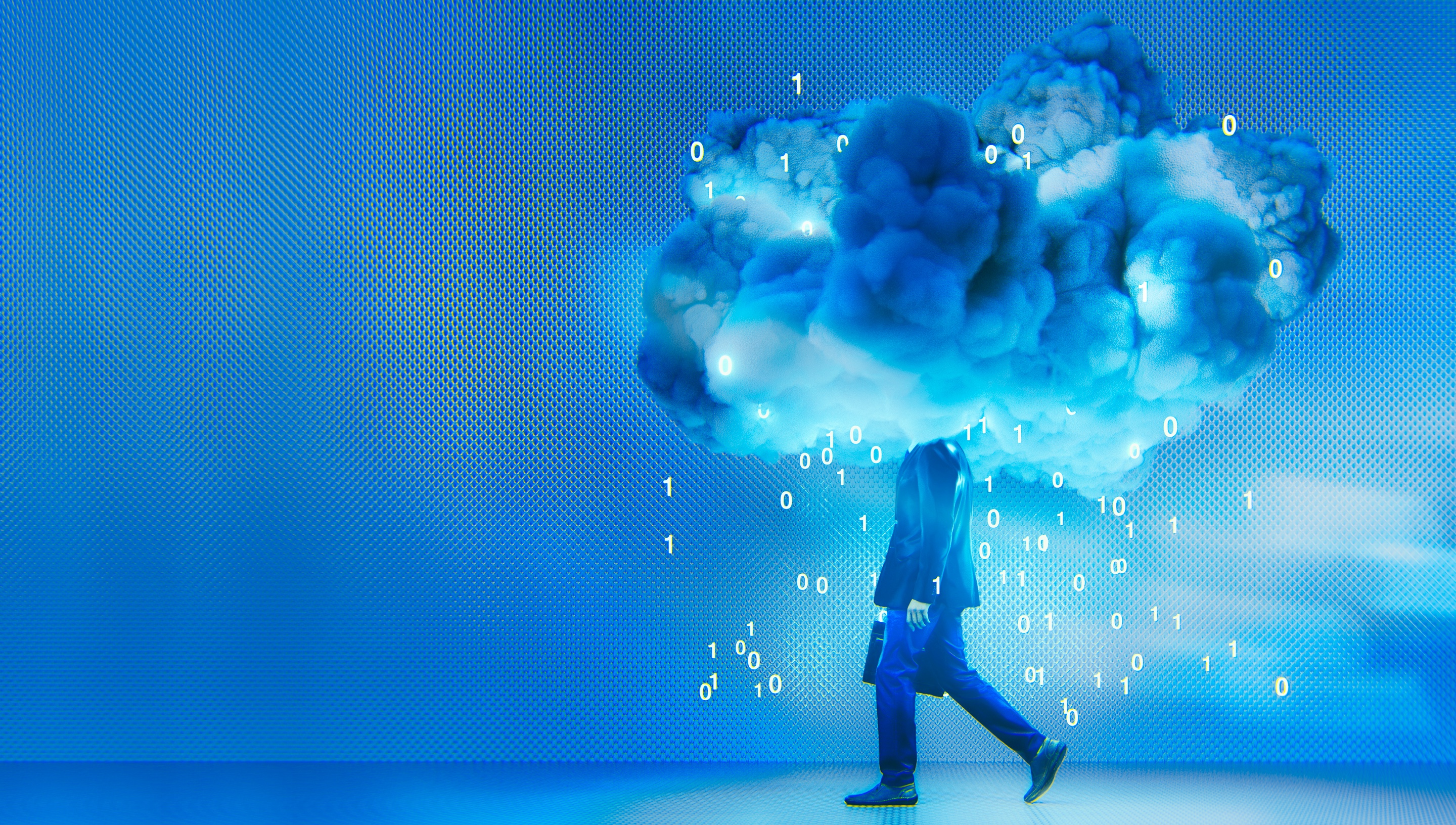 person walking through a cloud of data