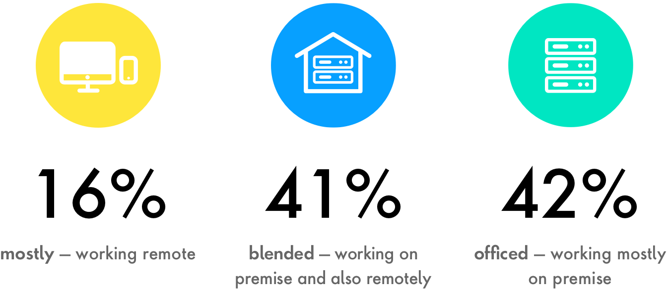 Graphic detailing the breakdown of remote workers: 16% mostly work remote, 41% are blended and 42% are mostly on site. 