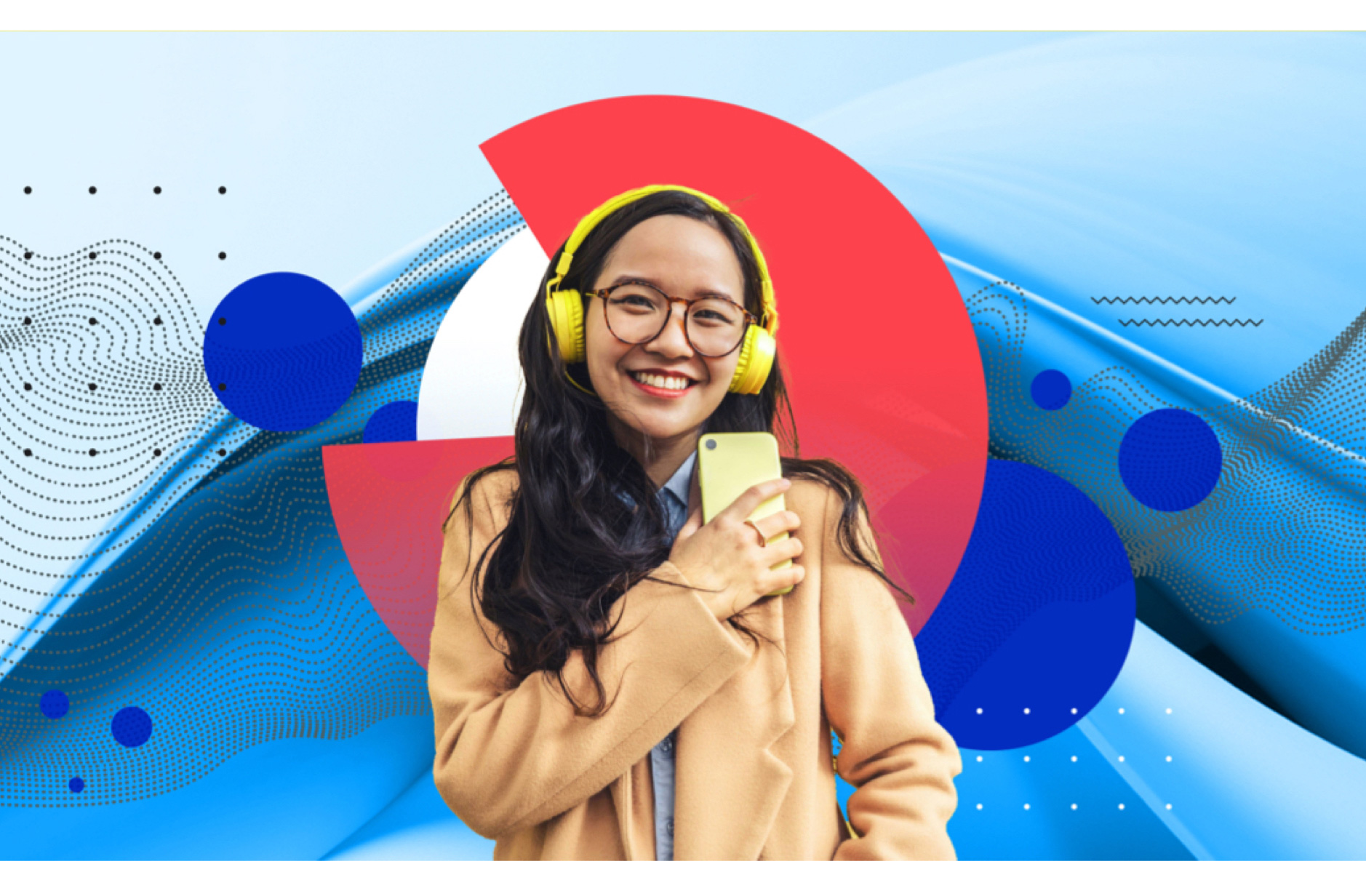 girl smiling wearing headphones and holding a mobile device with zeros and ones floating around her in the background