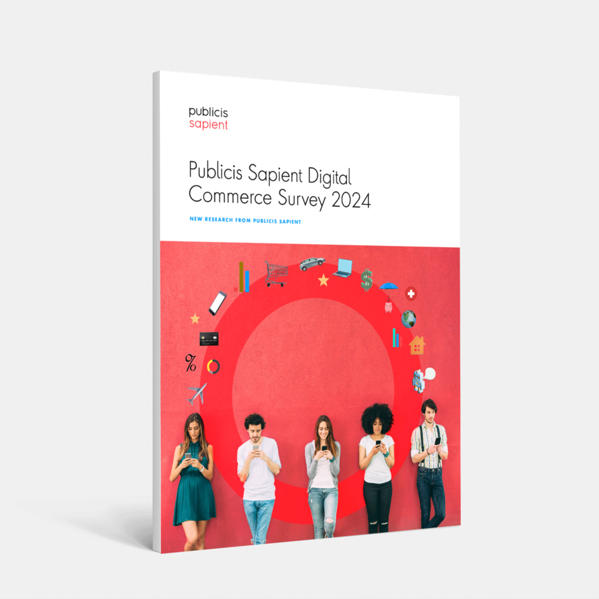 Report cover with five people leaning back against a wall using their mobile devices surrounded by icons of planes, shopping baskets, health symbols