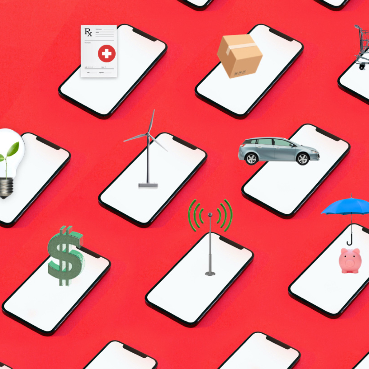 numerous smart phones laying flat with icons of light bulbs, dollar signs, airplanes, shopping carts and prescription paper on top of each screen