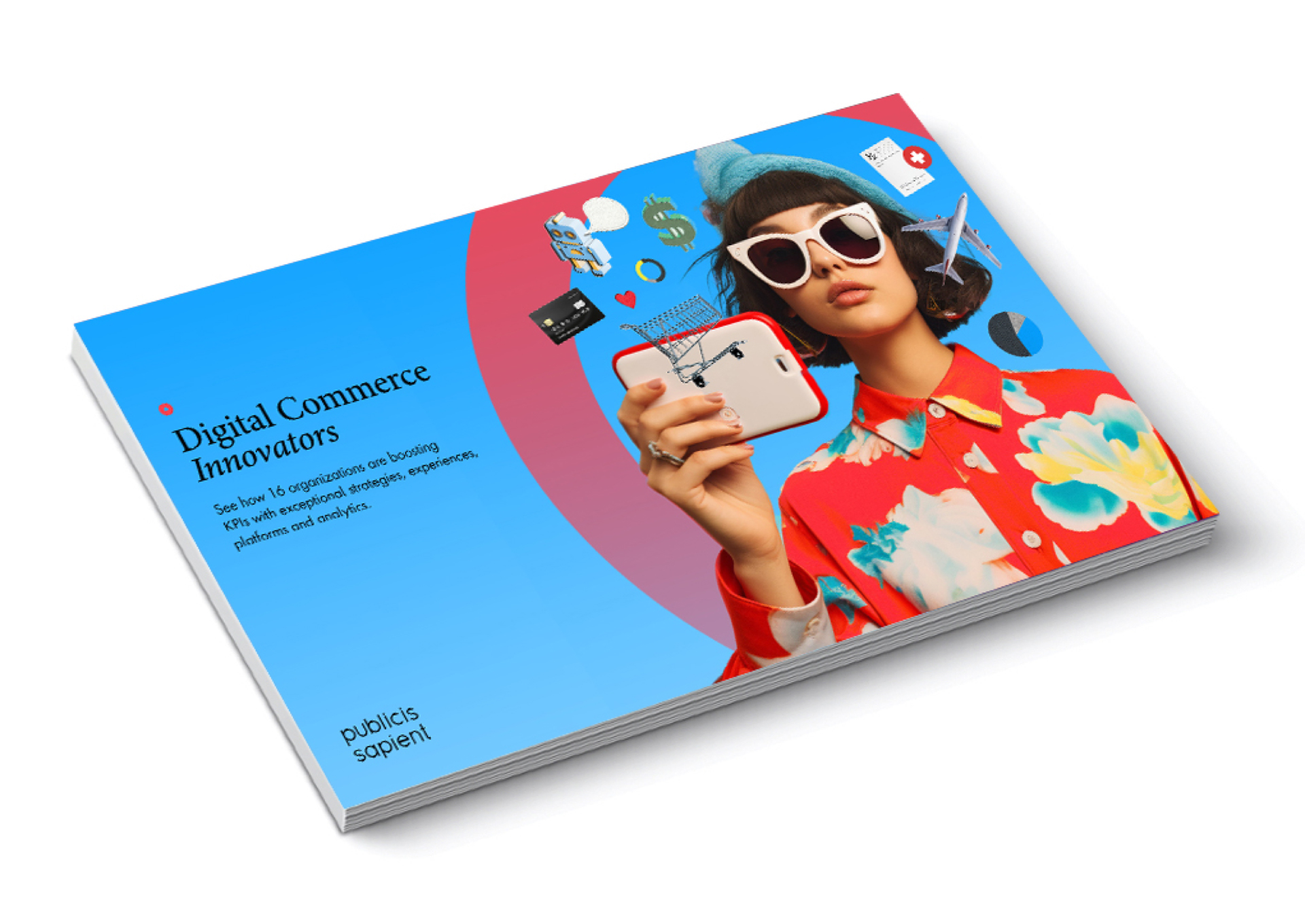 woman  holding her smart phone surrounded by icons of dollar sights, favorite hearts, airplanes, prescription papers and shopping carts.