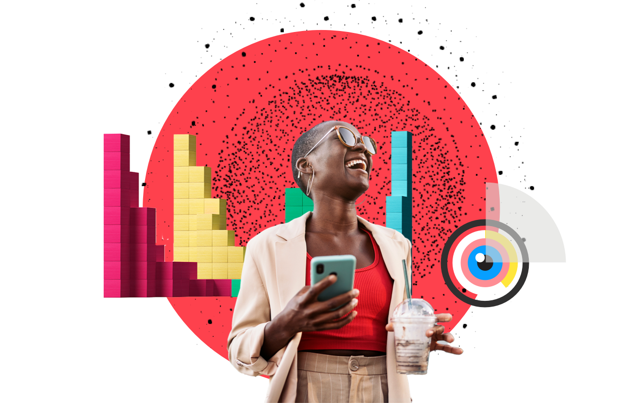 femme tenant un appareil mobile avec des lumières d'énergie le traversant