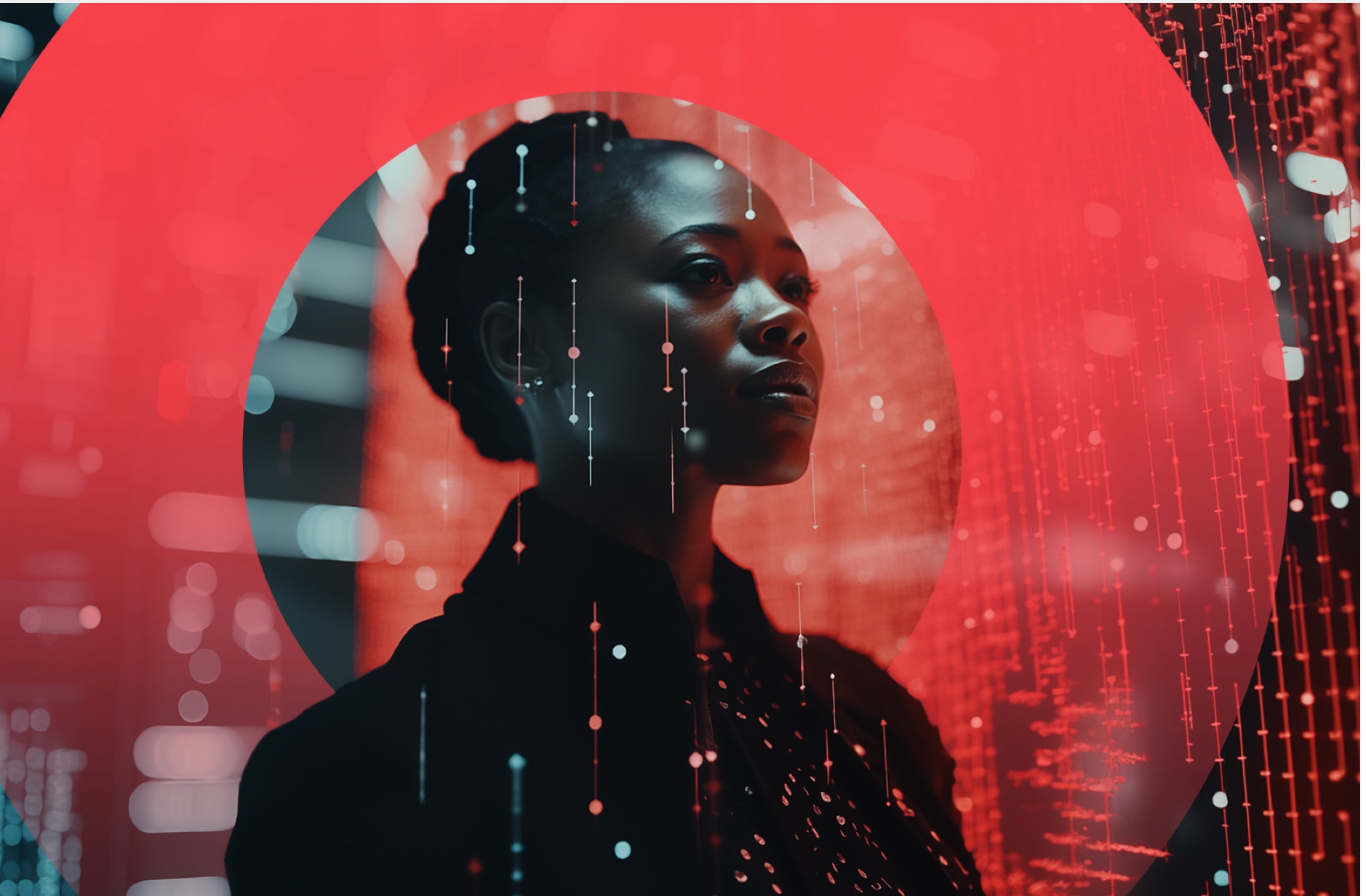 woman looking forward surrounded by string lights of data