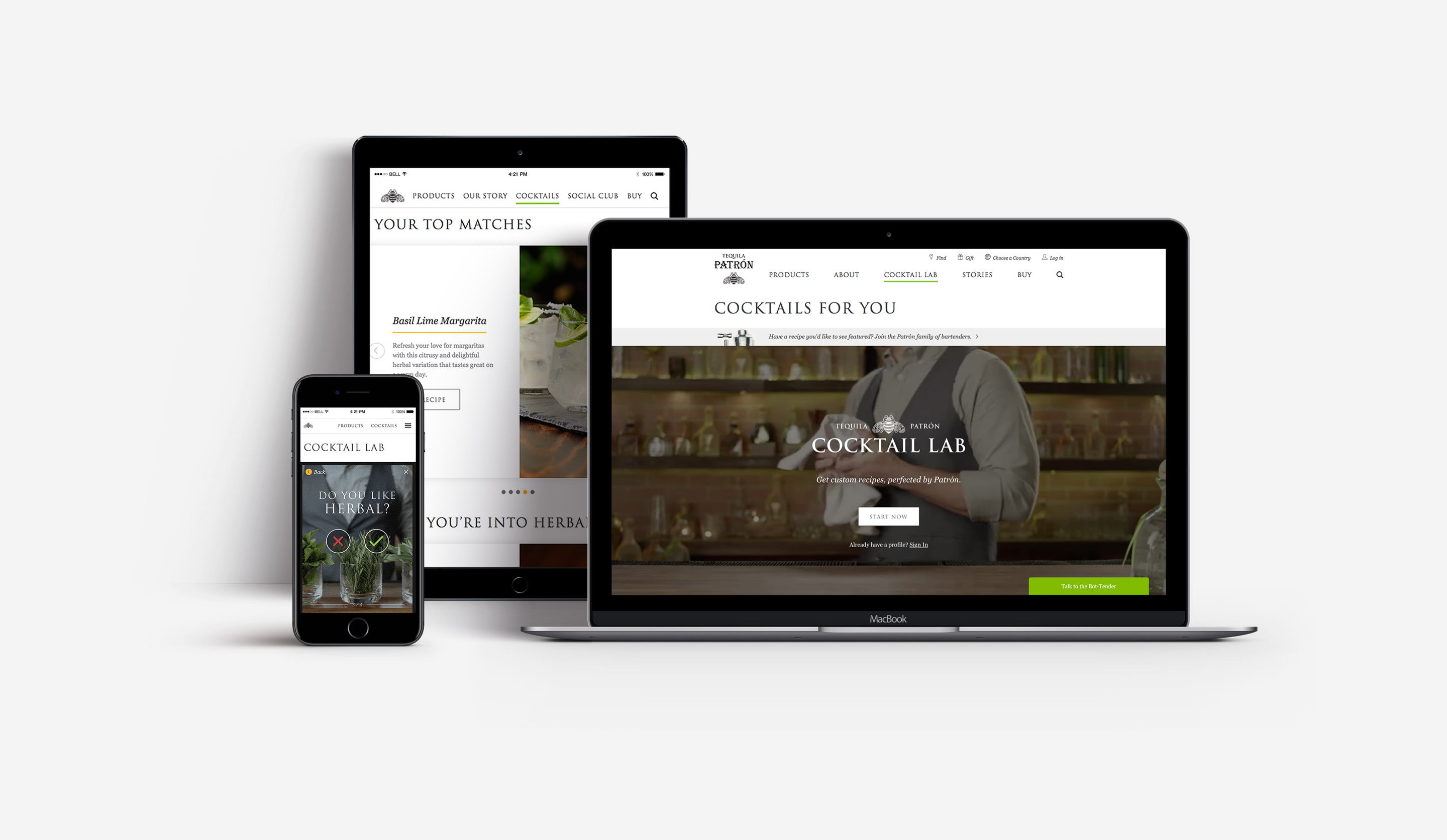 Patròn Cocktail Lab shown on a laptop, tablet, and mobile device